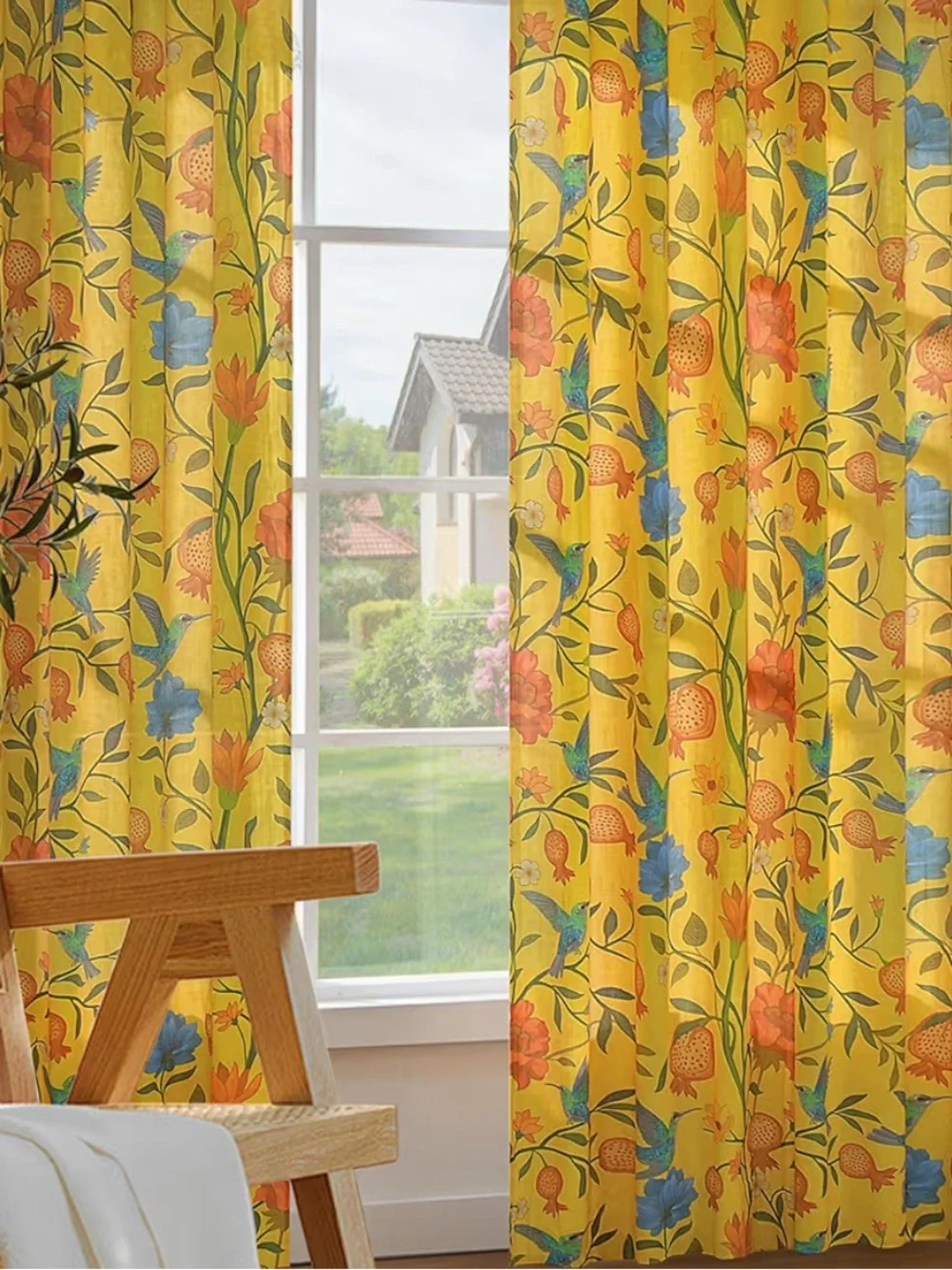 Floral bird yellow curtains 52 X 96” NEW